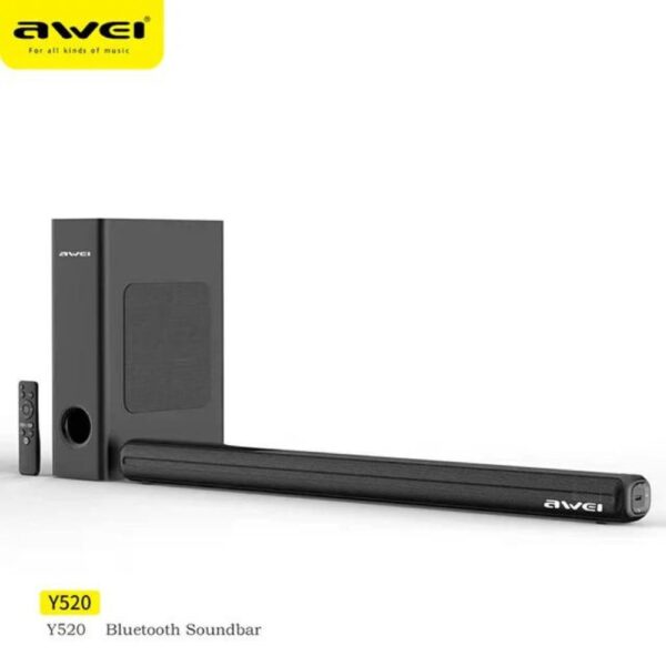 Y520 Bluetooth Soundbar With Subwoofer For Your Digital Home Theatre Sound Systems speaker 1. Bluetooth solution VER.5.0 BP1048B2 (mountain view) 2. Audio power 30W2, subwoofer 50w 3. Power supply adapter DC18V2.5A 4. Size 9867370mm(LWH)+Subwoofer 120290410mm(LWH) Bluetooth solution BP1048B2 (mountain view) Bluetooth version VER.5.0 Awei Y520 Bluetooth Soundbar With Subwoofer For Your Digital Home Theatre Sound Systems speaker