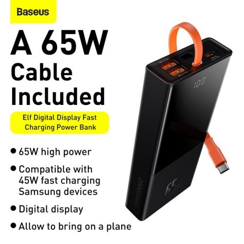 Baseus 65W Power Bank 20000mAh with Type C Two-Way Cable External Battery for Phone and Notebook, Three-Port Fast charging 1 Baseus 65W Power Bank 20000mAh with Type C Two-Way Cable External Battery for Phone and Notebook, Three-Port Fast charging