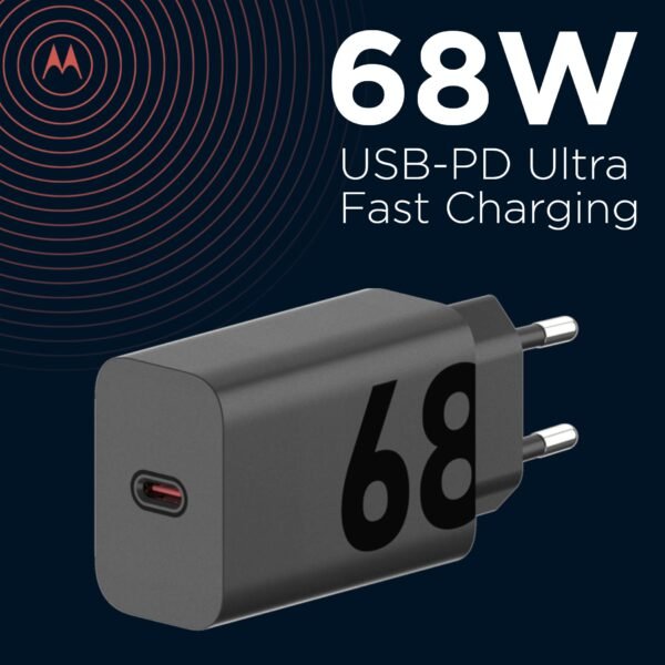 Motorola 68W USB-C Charger -with GanFast Technology Motorola Chargers - Turbopower 68W USB PD Fast Charger Power Adapter with 1M 6.5A USB-C to USB-C Ultraast Cable