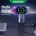 UGREEN CD342 100W 2-in-1 GaN Charging Station echnology: Gallium Nitride (GaN) for efficient power delivery and compact size. Charging Type: 2-in-1 charging station with USB and wireless charging options. Power Output: Up to 100W of total output for fast charging. USB-C Ports (C1 & C2):Max Output: 100W (Supports 5V/3A, 9V/3A, 12V/3A, 15V/3A, 20V/5A) Compatible with laptops, tablets, and smartphones. USB-A Port:Max Output: 22.5W (Supports 5V/3A, 9V/2A, 12V/1.5A, 10V/2.25A) Suitable for charging smaller devices like smartphones, Bluetooth devices, etc. MagSafe Wireless Charging:Max Output: 15W (Compatible with MagSafe-enabled iPhones) Provides a magnetic, efficient wireless charging experience. Size: 92mm x 60mm x 60mm Compact and sleek design that fits on a desk or bedside table. Smart Charging Technology: Intelligent power distribution based on connected devices for optimal performance. Safety Protections: Over-voltage, over-current, and short-circuit protection ensure safe charging for all devices.