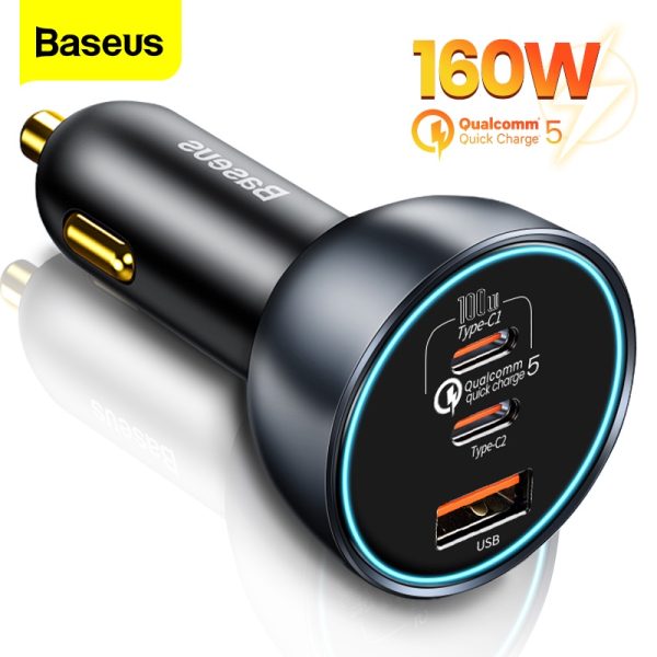 Baseus 160W Car Charger Quick Charge 5.0 QC 4.0 3.0 Type C PD Fast Charging For iPhone Xiaomi Samsung Macbook Pro Laptop
