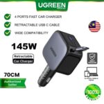 UGREEN 145W Retractable Car Charger 4 Port PD 3.0 USB Type C Fast Charging iPhone 16 Pro