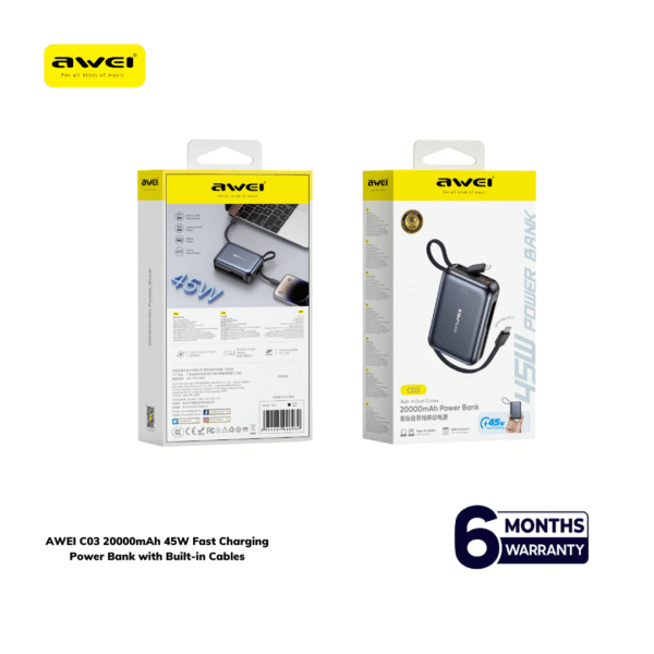 AWEI C03 20000mAh 45W Fast Charging Power Bank with Built-in Cables