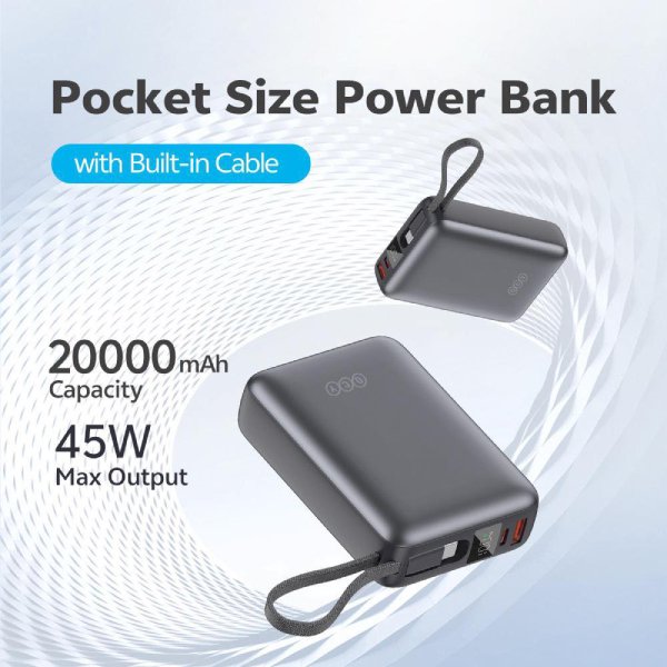Qcy PB20A 20000mah 45W PD Fast Charging Powerbank with Build in Input+Output in 1 Cable
