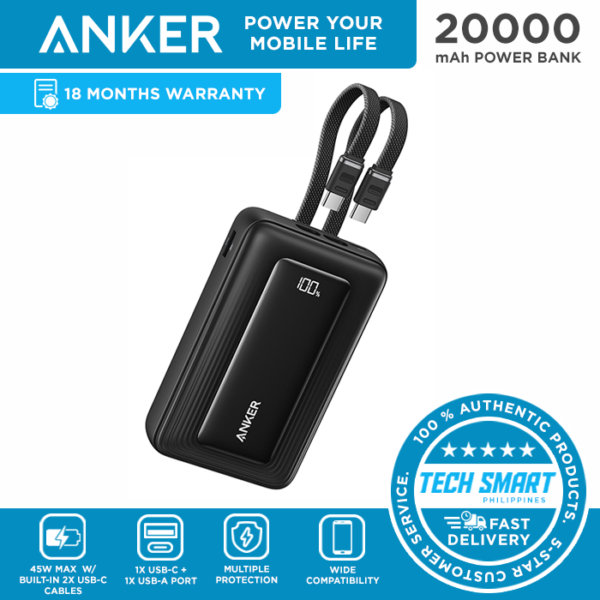 Anker Zolo A110M 45W Power Bank with Built-in Dual Type-C Cable - 20000mah , Dual Built-in USB-C Cables, USB-C&A Port, for iPhone 17/16 Series, Galaxy, and More