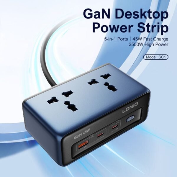LDNIO SC1 2500W Power Socket Multi-Plug Strip and USB Charging Station with 1 USB-A+2 USB-C Ports Fast Charging