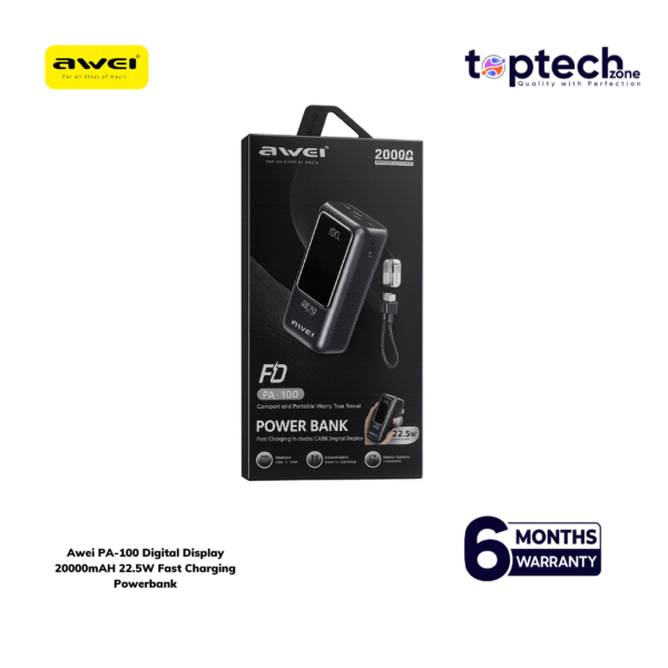 Awei PA-100 20000mAH 22.5W Fast Charging Powerbank – Reliable long‑lasting backup for daily life in Bangladesh The Awei PA-100 20000mAH 22.5W Fast Charging Powerbank is built for shoppers who need dependable, high‑capacity power away from outlets. This powerbank's 20000mAh capacity and 22.5W fast output make it a practical choice for commuters, students, office workers and travellers across Bangladesh who rely on their phones, tablets or portable devices during long days, bus rides or power outages. Key Features of Awei PA-100 20000mAH 22.5W Fast Charging Powerbank High capacity: 20000mAh battery for multiple charges of most smartphones — ideal for long commutes and short trips. 22.5W fast output: Faster top‑up compared with standard 5W chargers so your device spends less time tethered to the brick. Compact everyday design: A size that balances capacity with portability, so it fits in a backpack or laptop bag for work and study. Multiple device convenience: Designed to support charging of modern phones and small devices when you need them most.