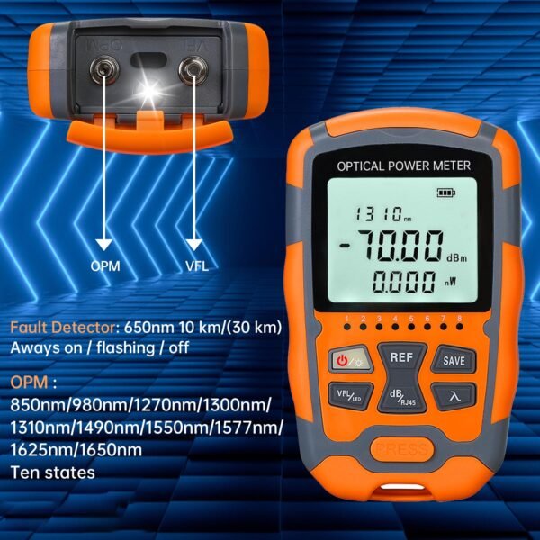 Fiber Optic Tester Portable Fiber Light Power Meter SC/FC/ST Universal Interface Fiber Tester Built-in 10Km Visual Fault Locator (OPM&VFL) with FC to LC Adapter