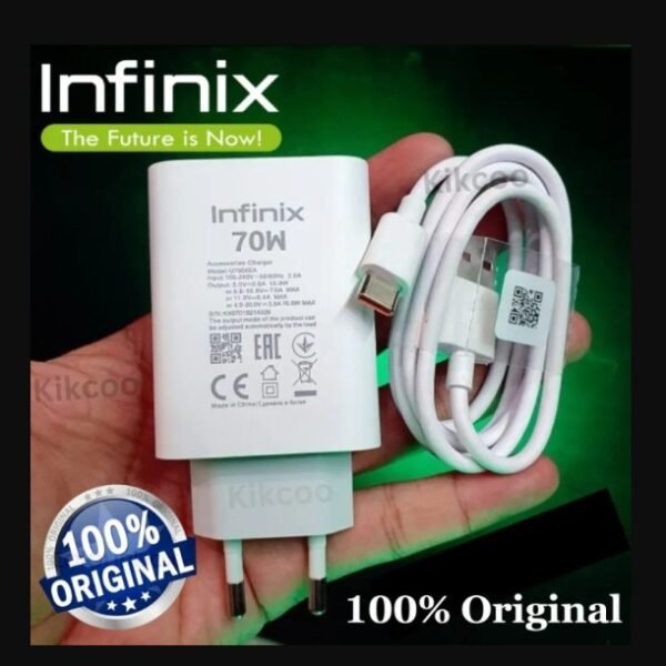 Original Infinix 70W Fast Charger Adapter Buy Nationl gadget bd best price Ultra-Fast Charging for Infinix Note 40 Pro, Zero Flip, Hot 40 Pro | Compatible with Tecno, Realme, Samsung | Safe & Travel-Friendly | Global Voltage Support