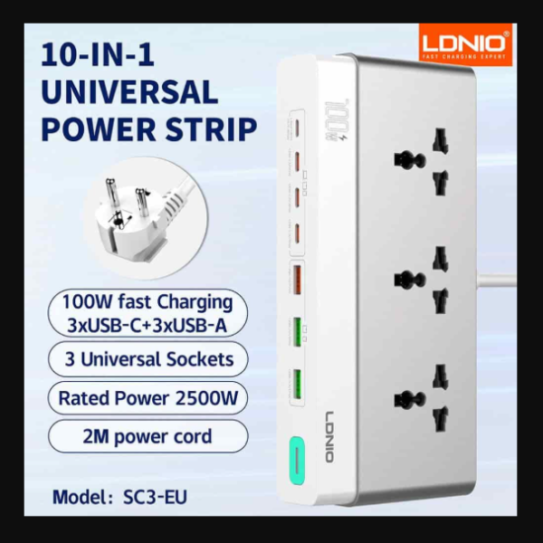 LDNIO SC3 GaN 100W PD Desktop Power Strip (10-in-1) – Fast Charging with Flame Retardant LDNIO SC3 GaN 100W PD Desktop Power Strip (10-in-1) – Fast Charging with Flame Retardant Design