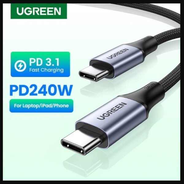 UGREEN 240W PD 3.1 USB C to USB C Cable -0 4,429 · 0 · Title changed 240W USB-C to USB-C cable with E-Marker chip — fast charging up to 48V 5A, nylon braided design, 480Mbps data sync