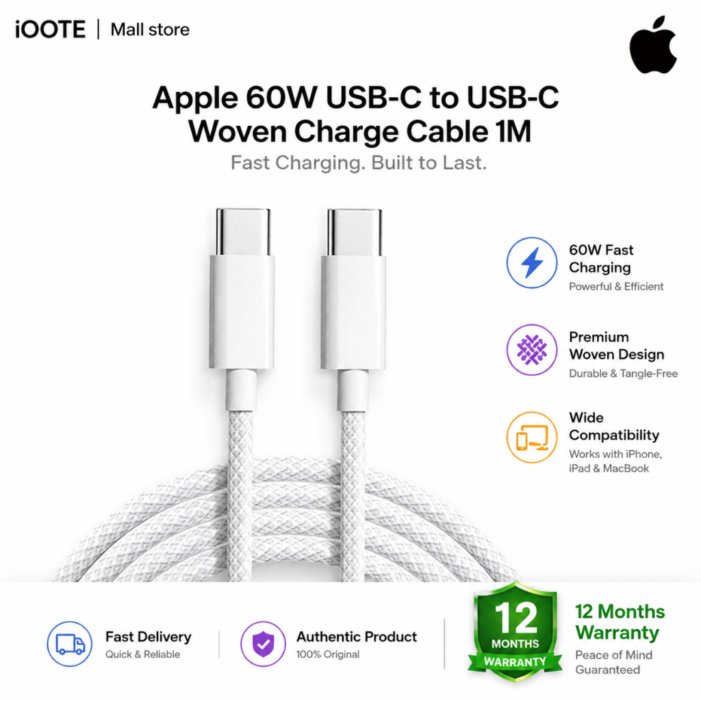 Apple 60W USB-C to USB-C Woven Charge Cable 1M | Fast Charging Cable for iPhone, iPad & MacBook | 12 Months Warranty